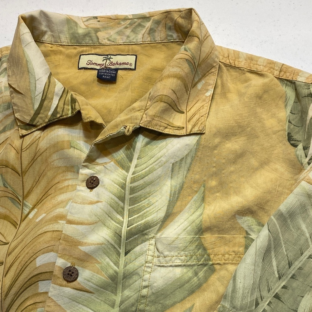 Tommy Bahama Yellow Green Leaf Shirt Silk Size XL